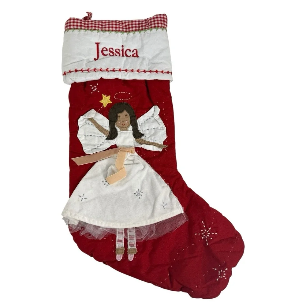 Pottery Barn Kids‎ Quilted Cotton Angel Gingham Christmas Name Jessica Stocking